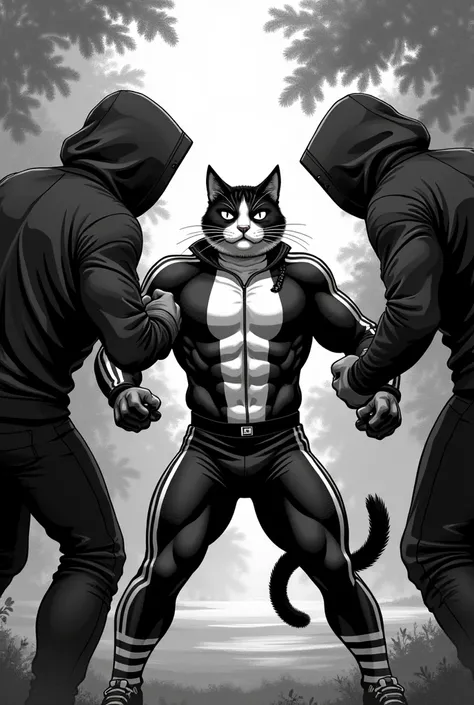  a black and white stripped  body builder cat in a track suit fighting with three goons in black hoody in a park