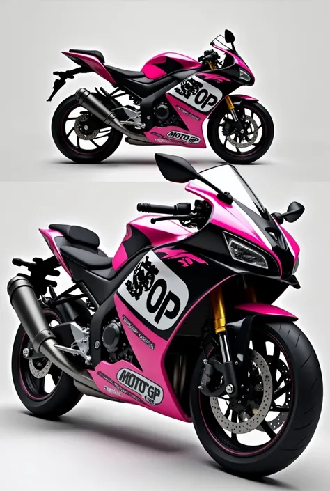 A half white half black design with pink details and multiple Moto GP brands for vinyl of an NS 200 motorcycle

