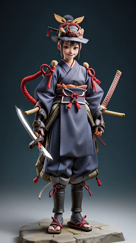 One girl, High resolution, front、Standing posture、smile、A Japanese samurai motif、Japanese sword、