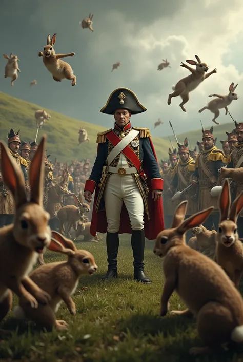 Napoleon Bonaparte trying to face several extremely angry rabbits that were attacking him and some soldiers 