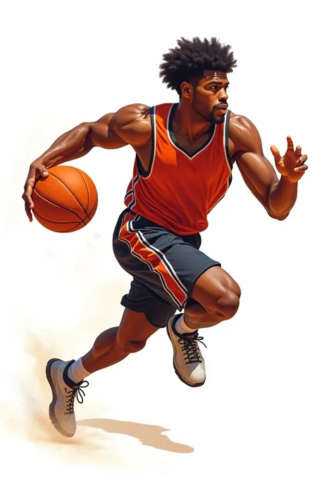 Guy tall basketball player, with beautiful face and curly hair, wearing shorts and jersey, dark skinned, in motion leading an orange coloured basketball, jumping in motion. Size 4K, illustration style, on white background.
