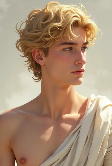 An eighteen-year-old male character with white skin and short blond hair inspired by the God Apollo for the profile picture of an Instagram page called " O First Gay "