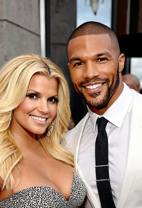 Caucasian singer/actress Jessica Simpson and a handsome African American male whose facial features are a combo of Charles Michael Davis + Lucien Laviscount + Omari Hardwick pose together for a photo. Both are smiling. Both are attired attractively but cas...