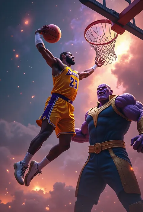 Lebron James dunking on thanos 