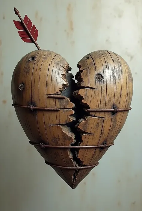 Design of an old and battered broken heart, wooden joined with wire. With an arrow pierced.