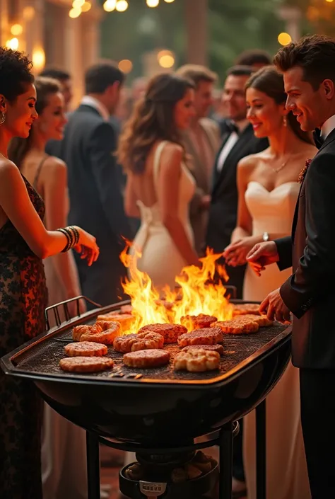 Event of people with money and in the image there is also a grill with fire and roast 