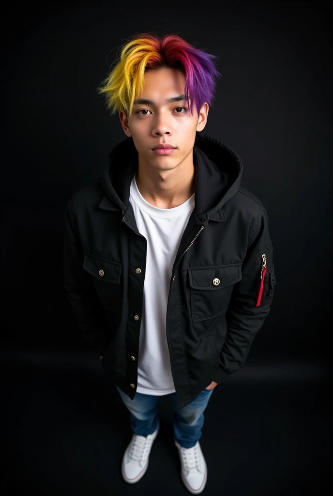 a handsome Indonesian teenager, yellow, purple, red hair, black parachute jacket t-shirt, white sneakers, portrait photo, Korean contemporary style, plain black background, (fisheye camera shot), ultra HD quality image, very detailed image