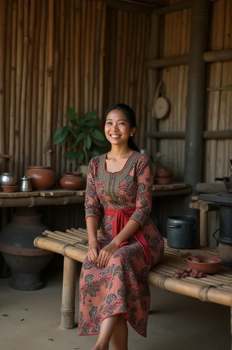 a very beautiful oval face Indonesian woman, 30 years old, ideal body, wearing a indonesian((kabaya))detail
 and batik jarik cloth, hair up. sitting on a bamboo bench. cooking in the kitchen using firewood there is a clay stove,tea cup,  boiling water. bam...