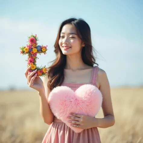 A young woman is standing holding up a letter that spell "T" made of flowers in left hand and pink fluffy heart in right hand, sky view, photoshoot, back view 