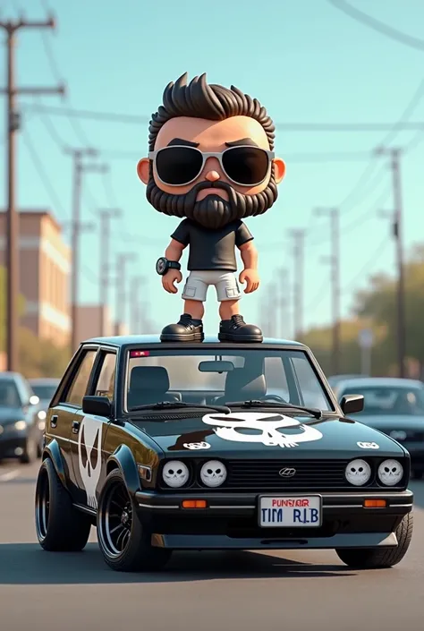 A Funko pop man, aviator glasses, a beard, half fat, a watch on the left hand, black shirt, white bermuda, WHITE TENNIS, standing on a black Hyundai Getz with some punisher skulls, large black rims, windshield with punisher sticker, in a parking lot 