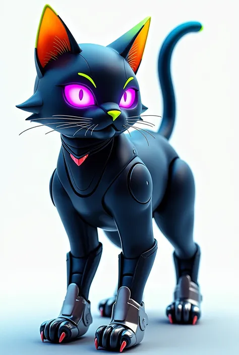 A futuristic cat with a dark navy blue body, sleek and bold. The nose is lime green, and the mouth is fiery red, providing a stark contrast. The paws are metallic silver, giving a robotic, cutting-edge feel. Its eyes are neon purple, glowing with intensity...