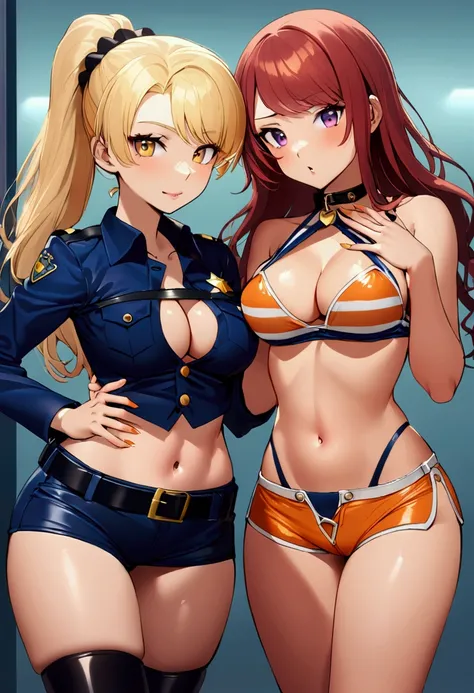 2girls, blonde and redhead, wearing costumes, first girl wears a sexy police uniform: blue button shirt with cleavage and midriff,  micro-skirt. Second girl wears a sexy orange prisoner uniform: latex orange bikini top, orange booty short-shorts.  