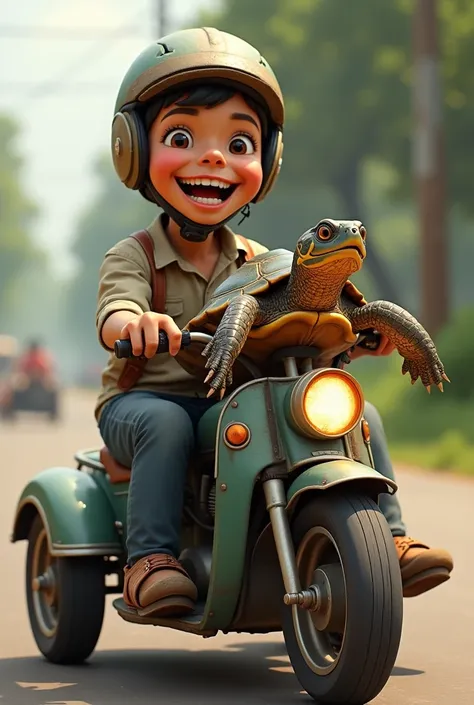 Wearing a helmet、Ride the Tri-Sequel、Filipino uncle、Looking at me with a toothy smile、He is holding a turtle in his hand