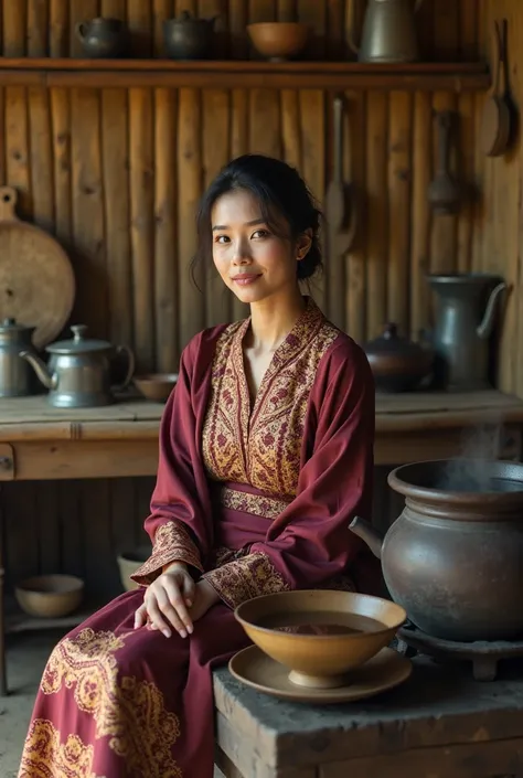 a very beautiful oval face Indonesian woman, 30 years old, ideal body, wearing a indonesian((kabaya))detail
 and batik jarik cloth, hair up. sitting on a bamboo bench. (cooking in the kitchen)) using firewood there is a clay stove,tea cup,  boiling water. ...