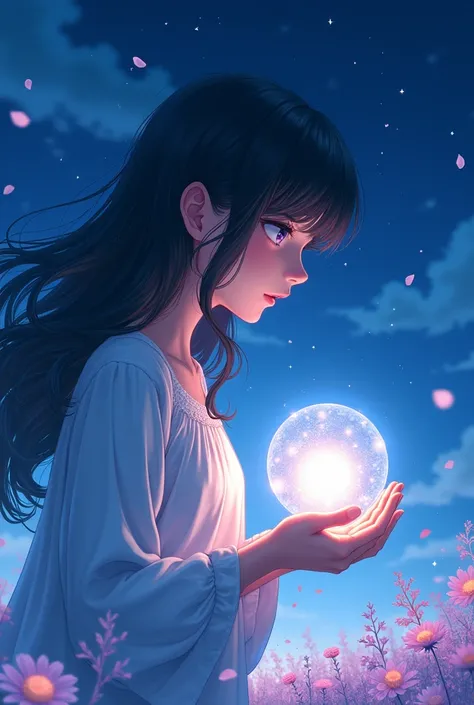 An illustration of an anime girl, among a landscape of flowers, stars. And with a palette of blue tones. Where she is looking at the delicate and small light that is in her hands making a gesture as if she is about to eat it or absorb it inside her .. The ...