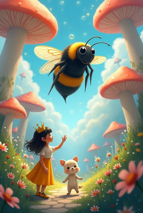 Daisy leads Fluffy to a giant bumblebee, offering him a ride to the next part of his adventure. Fluffy climbs onto the bumblebee’s back, and they soar through the sky, flying over magical landscapes full of towering mushrooms and sparkling rivers.