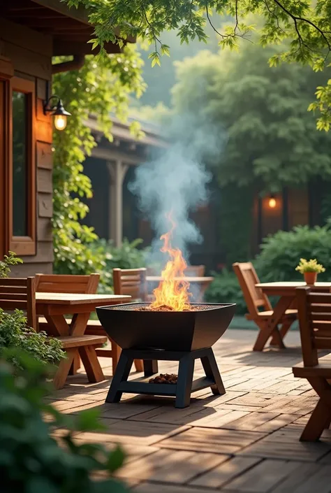 A garden with wooden tables and chairs where an event is going to take place but which has a rectangular grill with a little fire and smoke