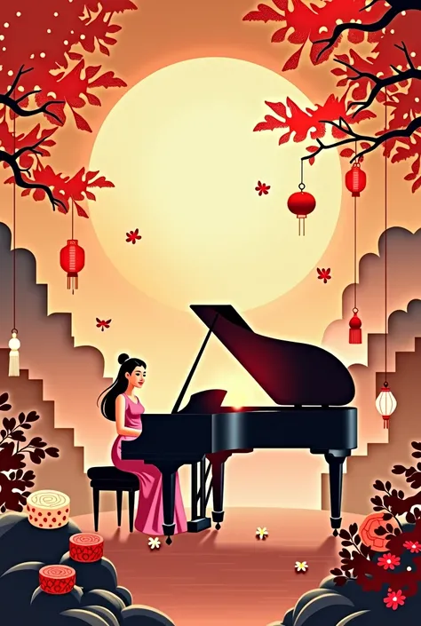 Mid-Autumn Festival, graphic poster, piano, moon, lanterns, mooncakes, pianist playing piano, bright and soft tones, Chinese elements, illustration style