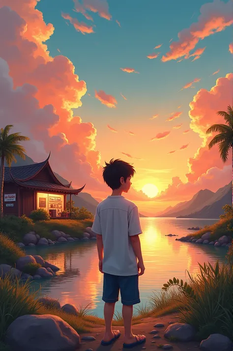 sky, cloud, 1boy, black hair, outdoors, solo, white shirt, shirt, traditional media, standing,  scenery, water, short hair, painting (medium), sunset, Mini market with MS FATIH written on it ,ï¼sky, best quality  