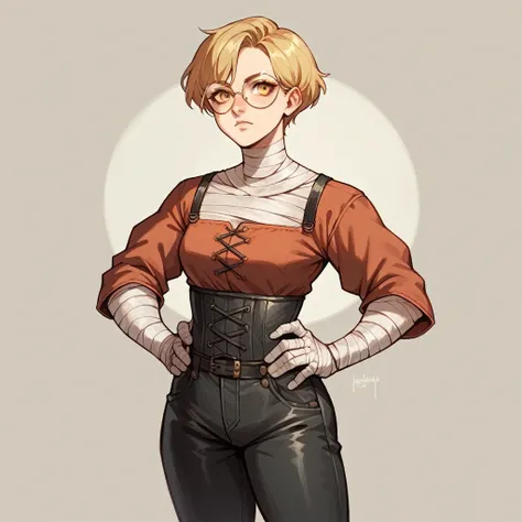 1 woman with a defined athletic physique, short haired red, yellow-eyed, wearing round frame glasses, very tasty fleshy mouth, using bandages as a top, wearing medieval black leather pants, with hands on waist.