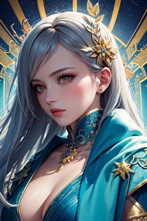 (masterpiece, best quality, beauty, best ratio, best shadows,best Illustration, wallpaper size,1080×2400 pixels,detailed face,1 girl, goddes theme, detailed costume) 
uhd,ultra realistic,idol beauty, face fully visible.female goddes grey hair wear colourfu...