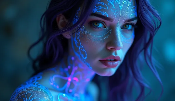 Her skin is covered in futuristic tattoos that glow blue and purple, and her hair has a liquid, flowing metallic texture. Her hair is liquid and metallic. She is elegant and sexy, light and dark at the same time.