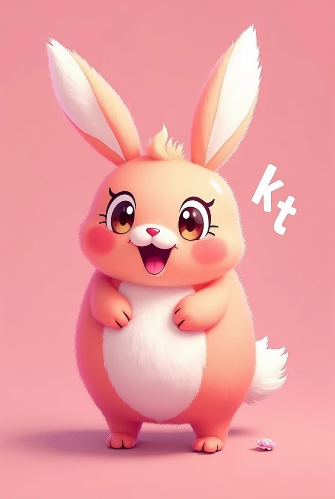 A pink rabbit peach with a happy expression and KZT written on it, cheering on a pink background