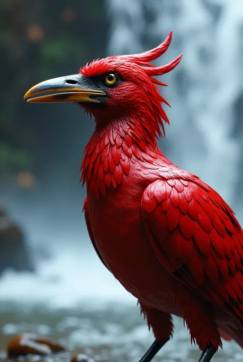 metallic red bird image, open beak, seen from the side with long beak, sharp eyes, waterfall theme, intricate details,