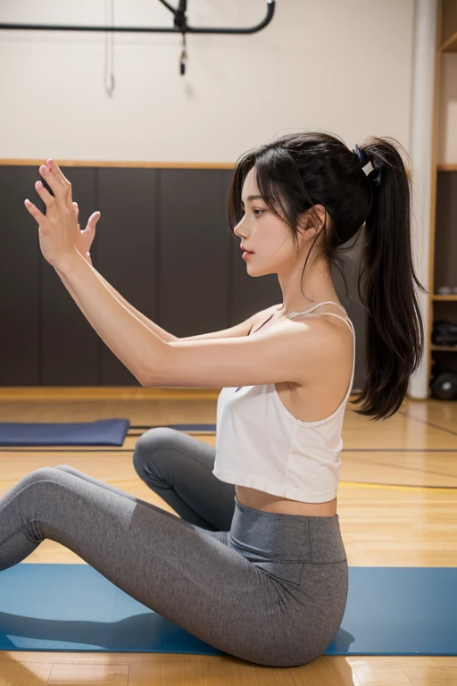 An 1 woman with fair skin, long black hair, and striking light brown eyes. She has well-defined facial features resembling Haruna Kawaguchi. She is wearing a fitted white T-shirt that covers her midriff and snug gray workout tights, highlighting her toned,...