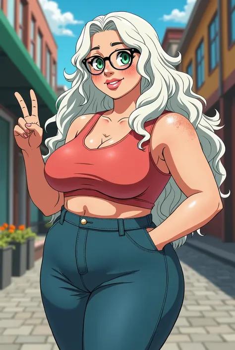 Adult woman, curvy, white hair, a little chubby, voluptuous. Hair is curly and long, fair skin with freckles, green eyes, square face, rounded glasses. Large Breasts. Peace sign. anime style, shonen style, shoujou style , full body, anime style, thick outl...