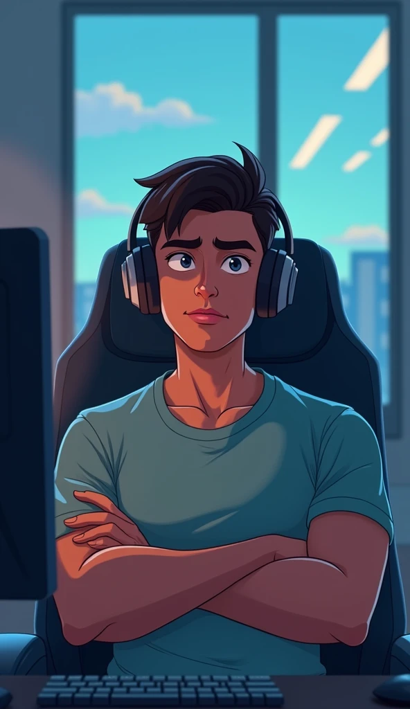 Heres a detailed prompt for your character:

"A young animated cartoon man, casually sitting in a sleek, modern office chair, leans back with confidence. His arms are folded across his chest, giving off an air of composure and self-assurance. He’s wearing ...