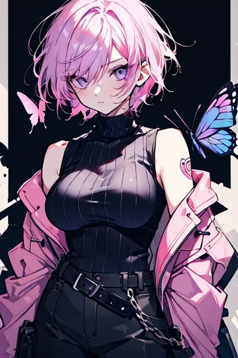 1 girl、Mature、Ample breasts、short hair、violet and pink hair、Long eyelashes、cool、Neutral facial features、cool、Punk Fashion、Sleeveless、turtleneck、Tattoo、cargo pants、Military Fashion、butterfly