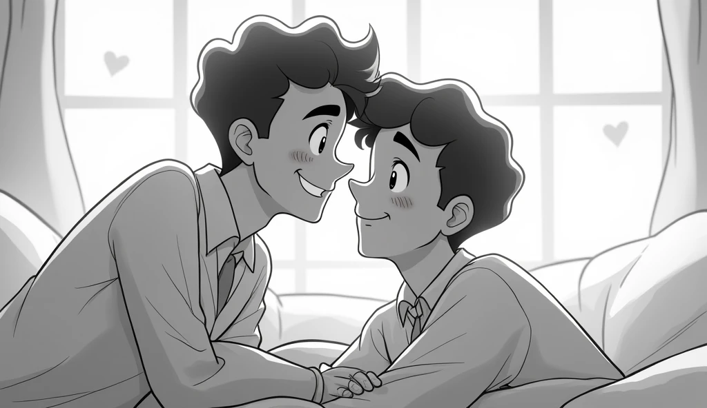 “A grayscale cartoon scene of a handsome man playfully leaning over a cute man on a bed. The cute man has a slightly embarrassed expression, with flushed cheeks, and the overall atmosphere is lighthearted and friendly. Both characters have expressive faces...