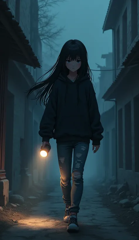 One girl, Long Hair, Black Hair, black hoodie, Distressed jeans, flashlight, Ruined Town, night, Anime Style, 