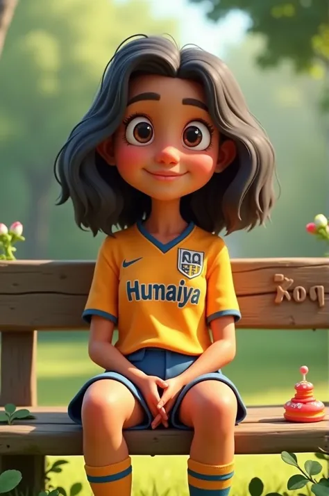 Create animation character 30 years old. Girl setting the banch.her Jersey name Humaiya. 