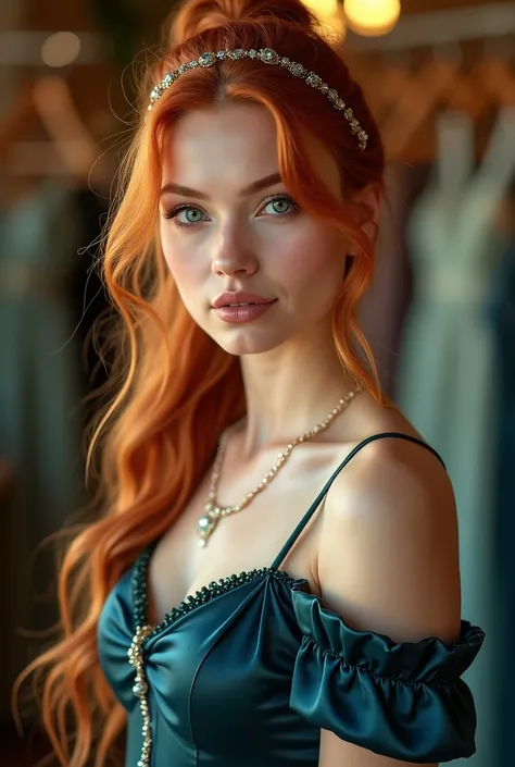 a beautiful young Irish woman with long red hair,pony tail, hairband, wearing a shiny dark blue A-line satin dress with off-shoulder straps, necklace, look into the camera, Wait for it, happy smiling facial expression without wrinkles, perfect green eyes, ...