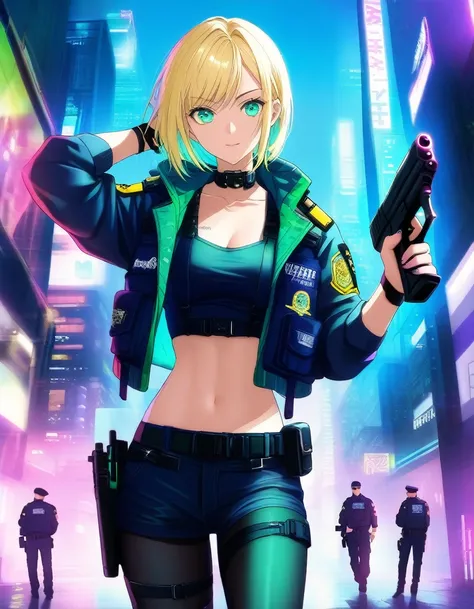 score_9, score_8_up, score_7_up, source_アニメ,Cyberpunk,police officer, woman, Short blonde,muscle,Abdominal muscles,jacket, Pistol, Cyberpunkの背景