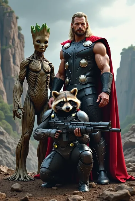 Thor standing with groot and rocket recoon realistic image 
Recoon has and armour and a huge gun in his hands