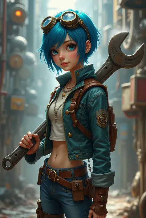 Slim blue hair teen with small breasts, goggles, steampunk engineer, carrying giant wrench