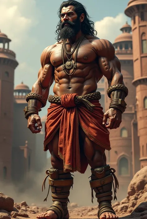 standing realistic Lord Hanuman ji bodybuilder  background fort 
