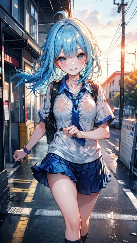 Blue-haired girl, running, sweat, sparkling, after the rain, junior high school student, morning, hurry, going to school, headwind, sunlight, big smile