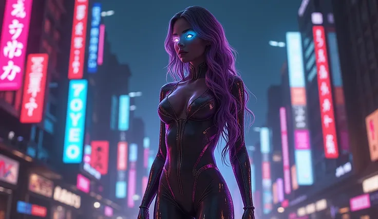 A high-resolution, full-body image of a stunning and sexy woman with a futuristic cyberpunk aesthetic. She stands confidently in a sleek, tight-fitting metallic bodysuit that highlights her curves, reflecting neon lights from the dark cityscape behind her....