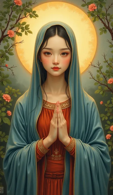 ((Chinese Buddhist painting style)), ((Highest quality, masterpiece, Full of details))Beautiful young virgin Mary, ((Oval Face, Golden aura, whole body)), ((Ancient costume, Auburn linen tunic, Blue Cape, Veil)), Gently gazing at the camera, in the garden,...