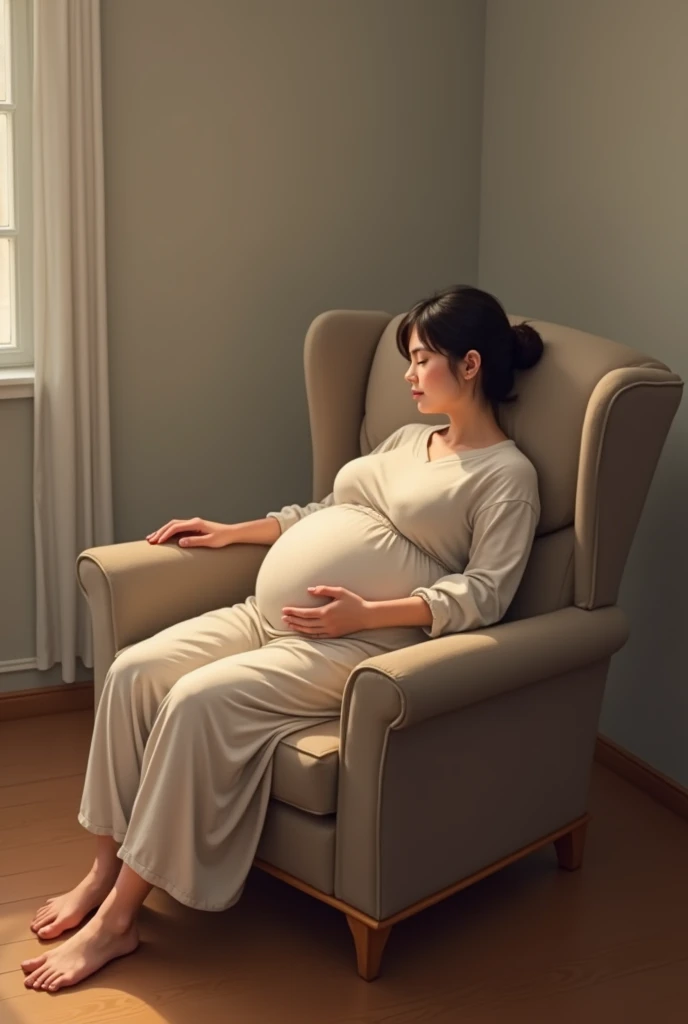 A woman with a slightly large belly sitting on a chair