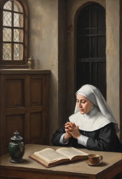 Oil tempera painting of a nun in her cell, sitting at a table with her palms folded in prayer over a book, with the face of another nun peeking through a grate in the door in the background, by the artist Martin van Meijtens Jr.