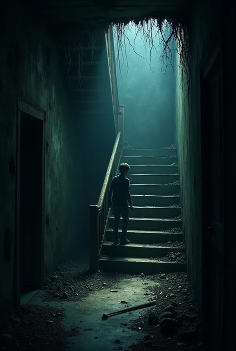 Prompt: "A dark and eerie basement with an old wooden staircase. Lucas is descending the stairs with a flashlight, illuminating the shadows in the corner of the basement. There is a sense of tension, and the darkness seems to be alive, waiting for somethin...