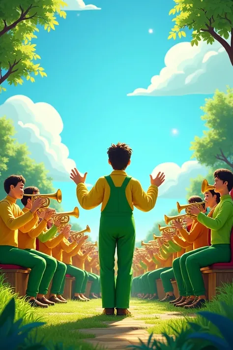 A large ensemble of 100 wind instruments under the blue sky. The conductor is wearing a green long-sleeved overalls. A bright and cute image. In the forest.