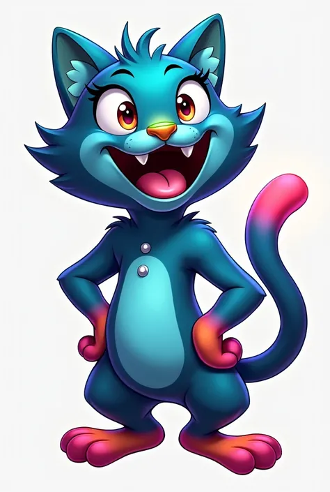 A dazzling animated cat with a rainbow gradient body, transitioning from blue to red to yellow. The nose is neon green, while the mouth is a bright purple. The paws are vivid orange, bringing warmth to the design. Its eyes are glowing yellow, bright and ra...