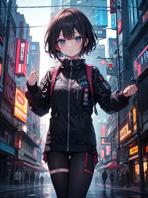 masterpiece, Highest quality, Very detailed,Cyberpunk, , cute, I want to protect it, In town