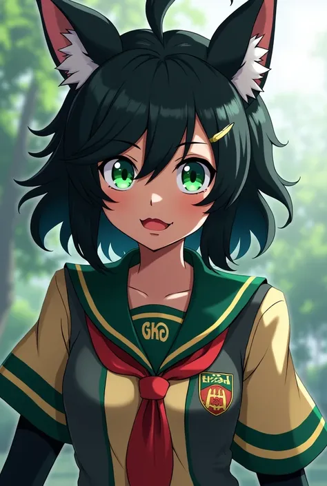 My Hero Academia, Female gender, wavy black fur, green eyes, brown skin, with the UA uniform, big lips, with 2 hooks in the hair